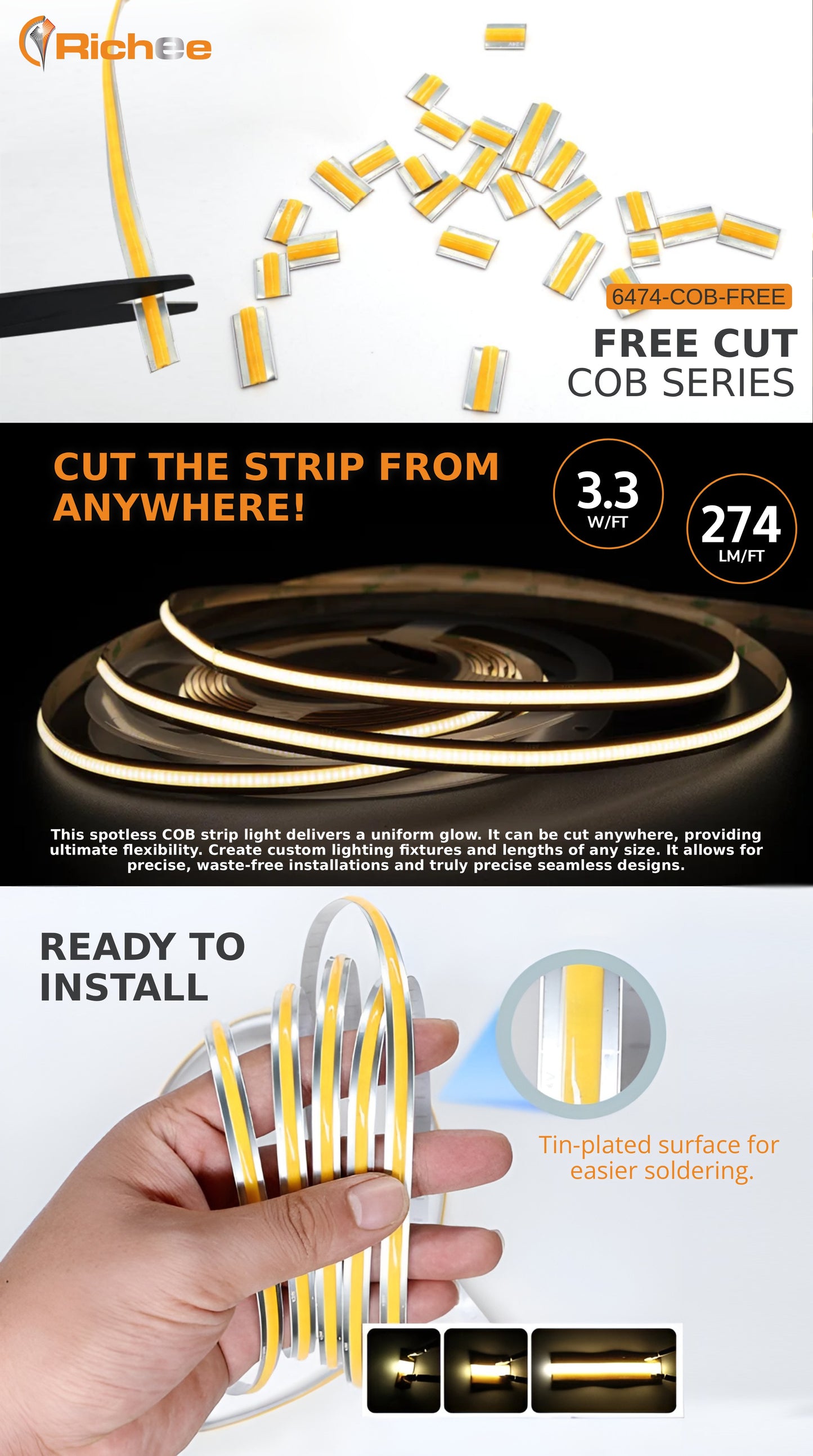 Free Cutting COB 16FT 3.3W, 274LM/FT