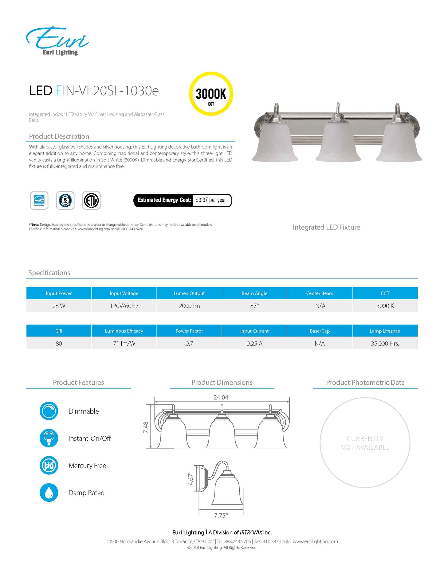 LED Vanity Light 3000K - Euri