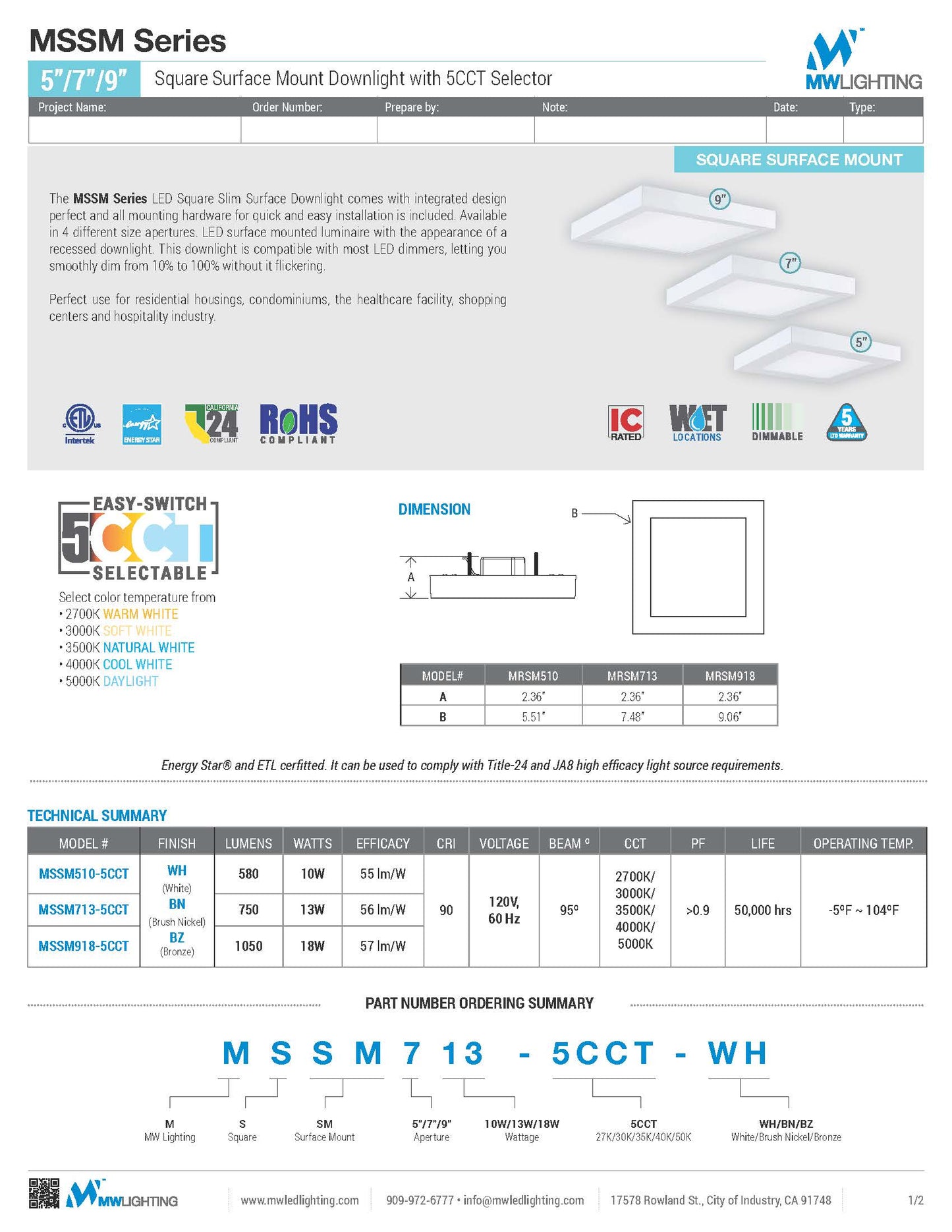 9" Square Surface Mount Downlight with 5CCT Selector