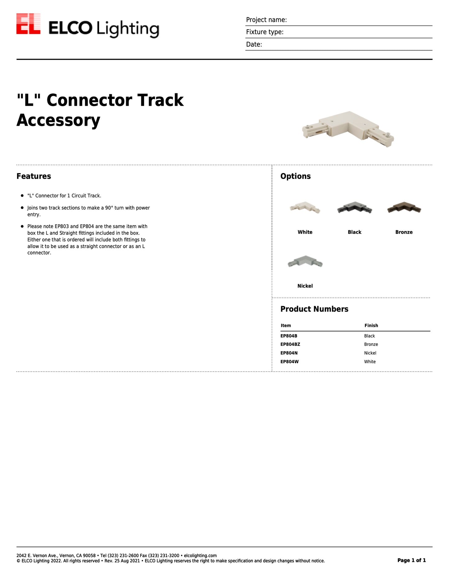 Track Light "L" Straight Connector