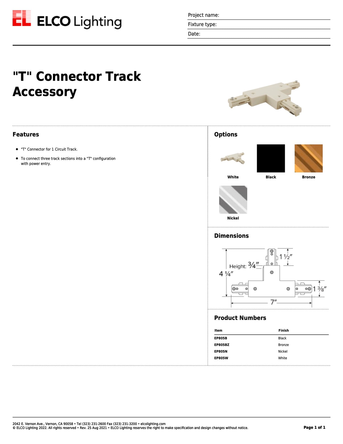 Elco Track Light "T" Connector White