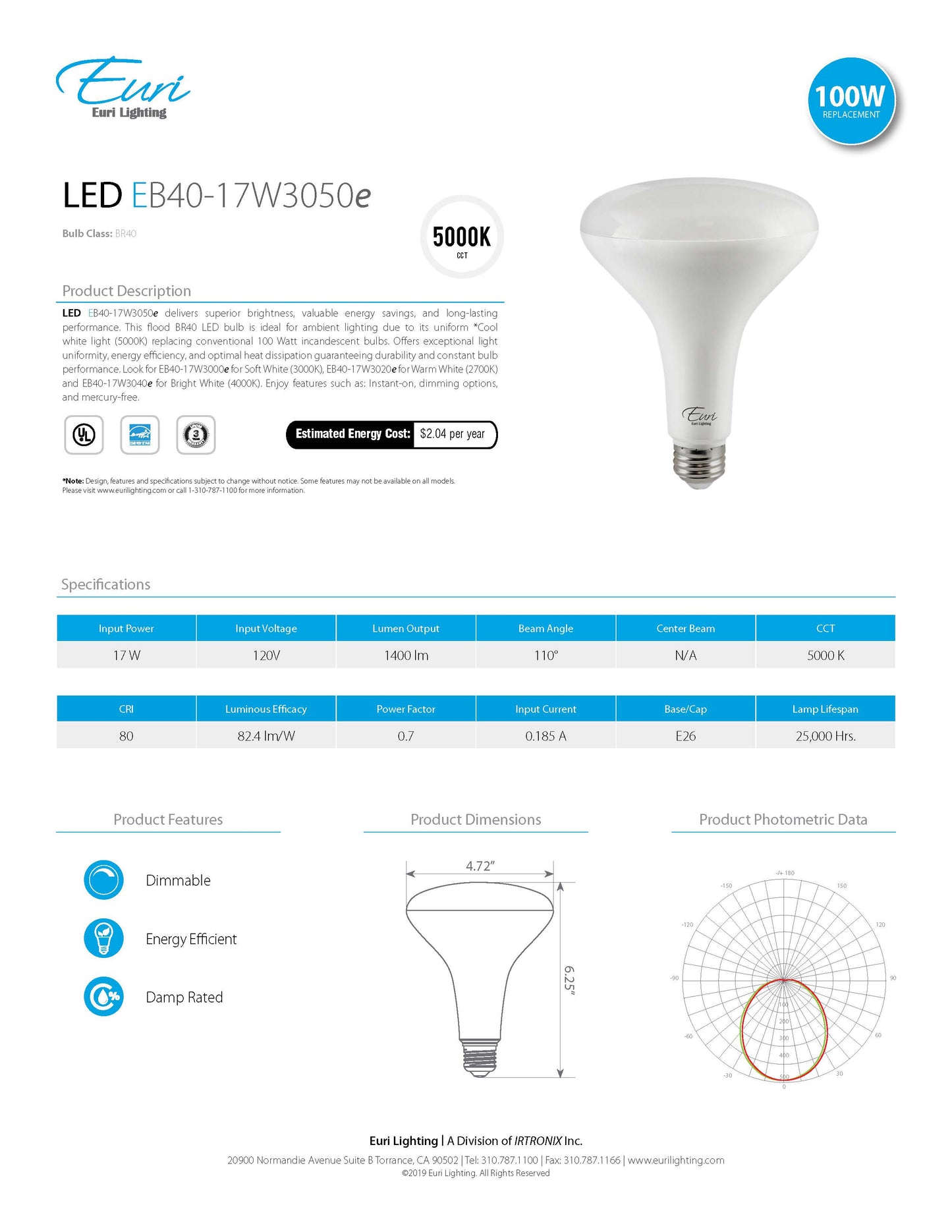 BR40 LED Bulb Dimmable 17W 5000K