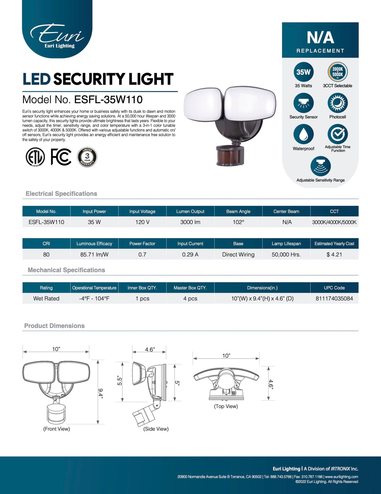 Residential LED 35-Watt Outdoor Security Light 3 Color Selectable Adjustable Sensitivity and Time Range Motion Sensor Photocell Sensor Wet Rated