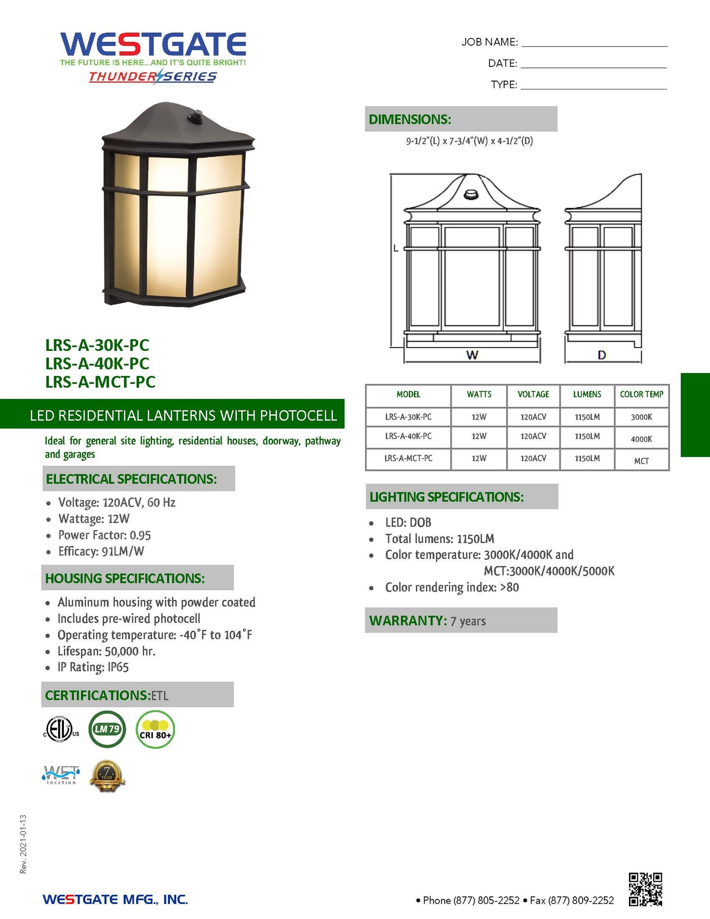 LED Lantern With Photocell 3000K