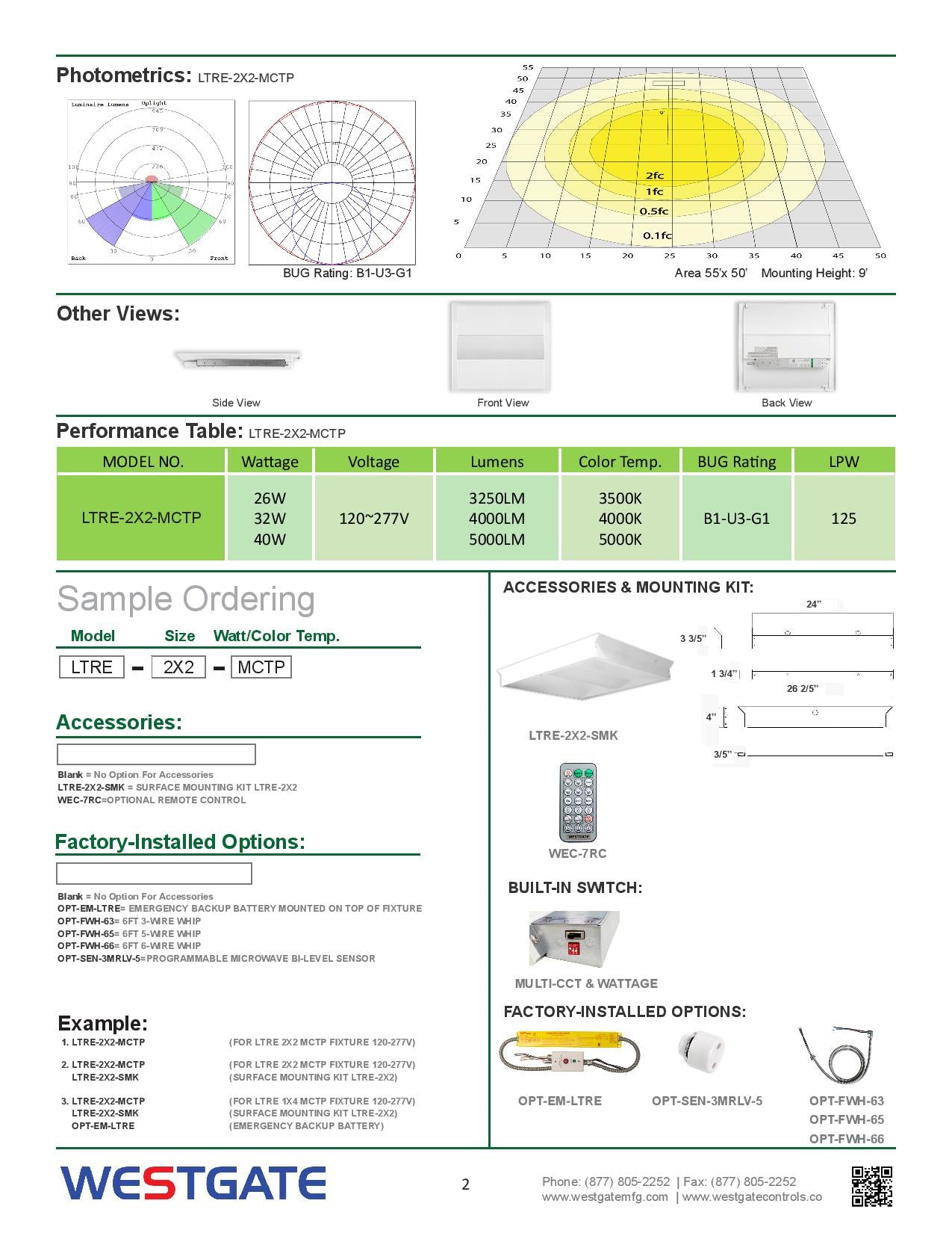 LED Center-Basket MCTP Troffer Lights 2 x 2