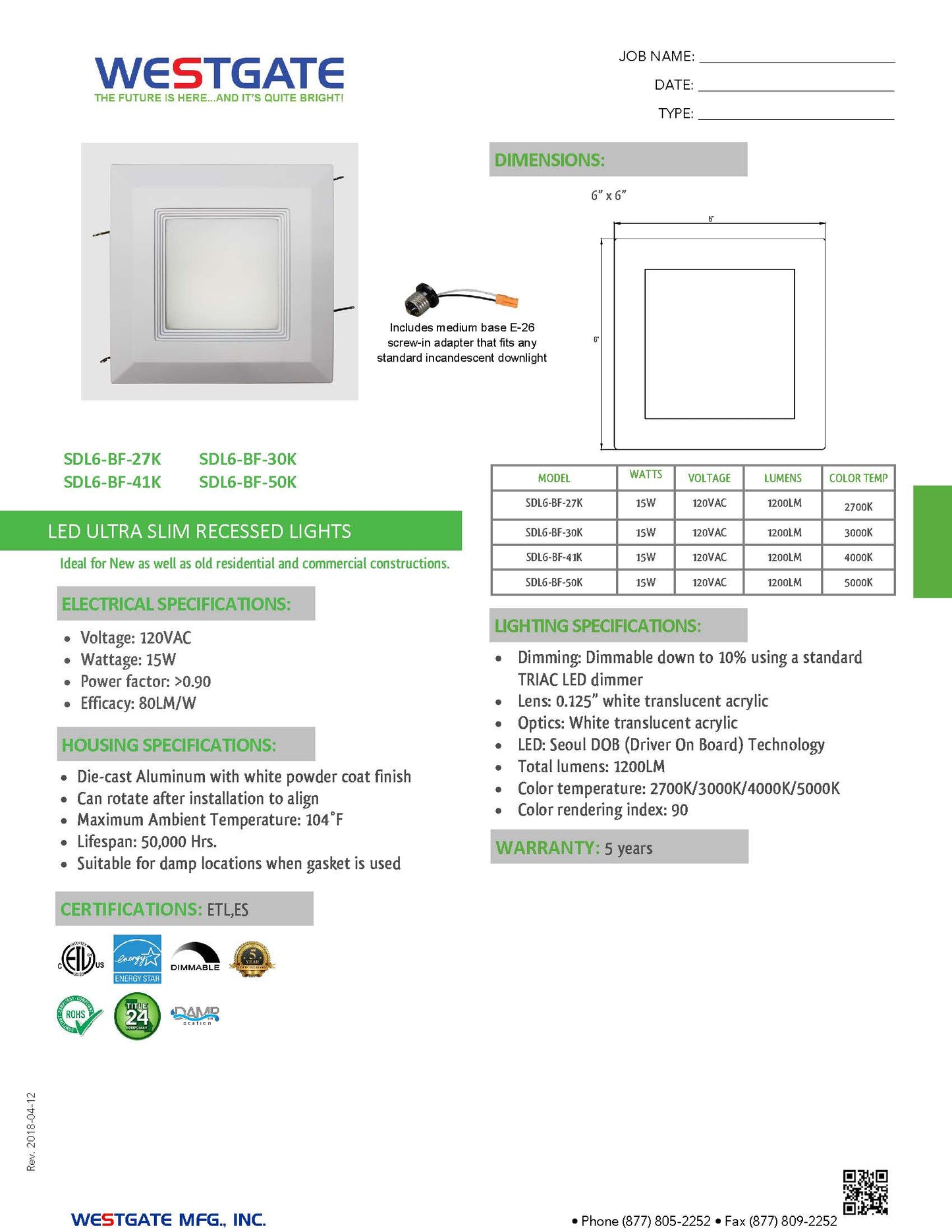 6 inch LED Square Downlight 3000K