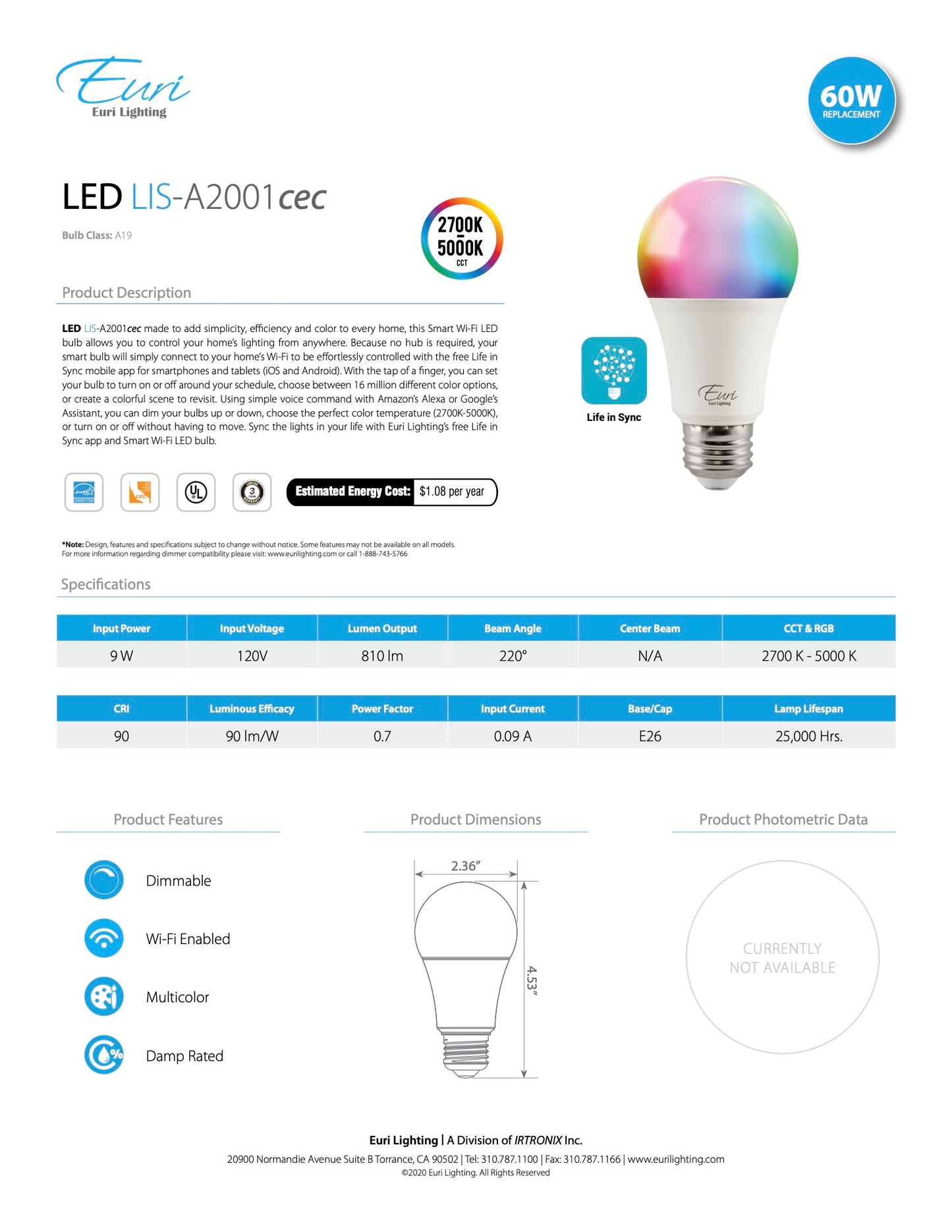 Smart Wi-Fi LED Color Changing Bulb