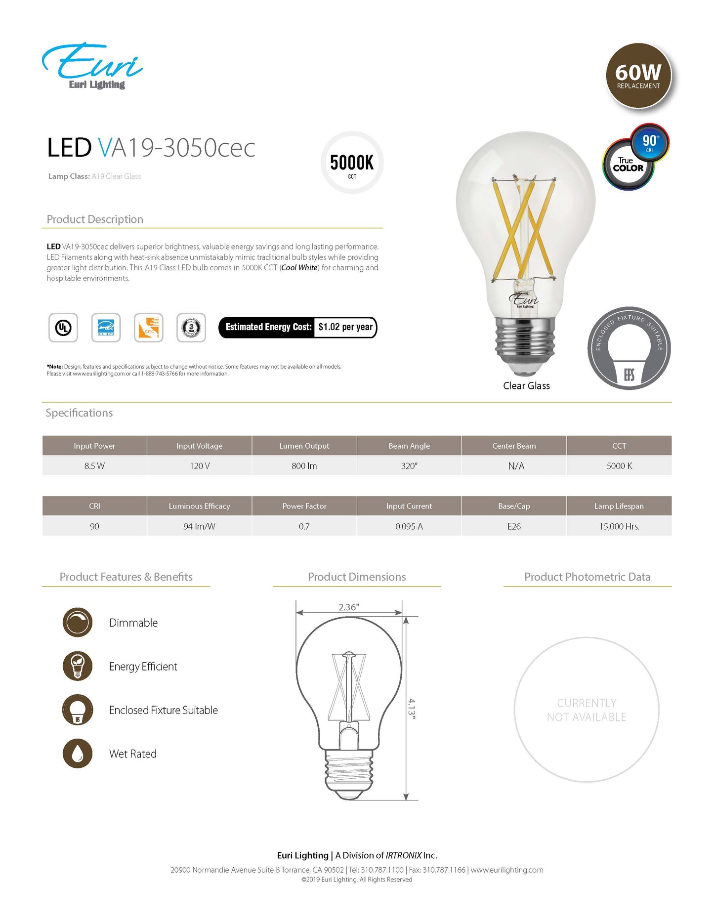 LED Filament Bulb - VA19-3050cec
