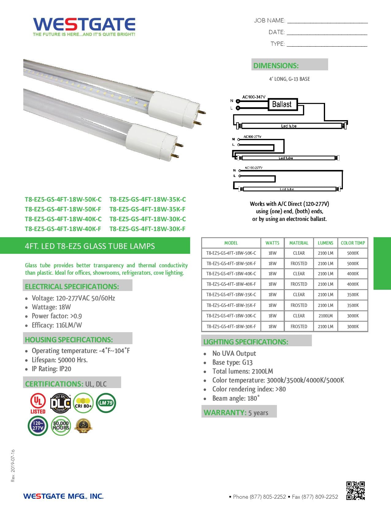 LED AC Direct T8 Tube Lamps 4FT - WESTGATE