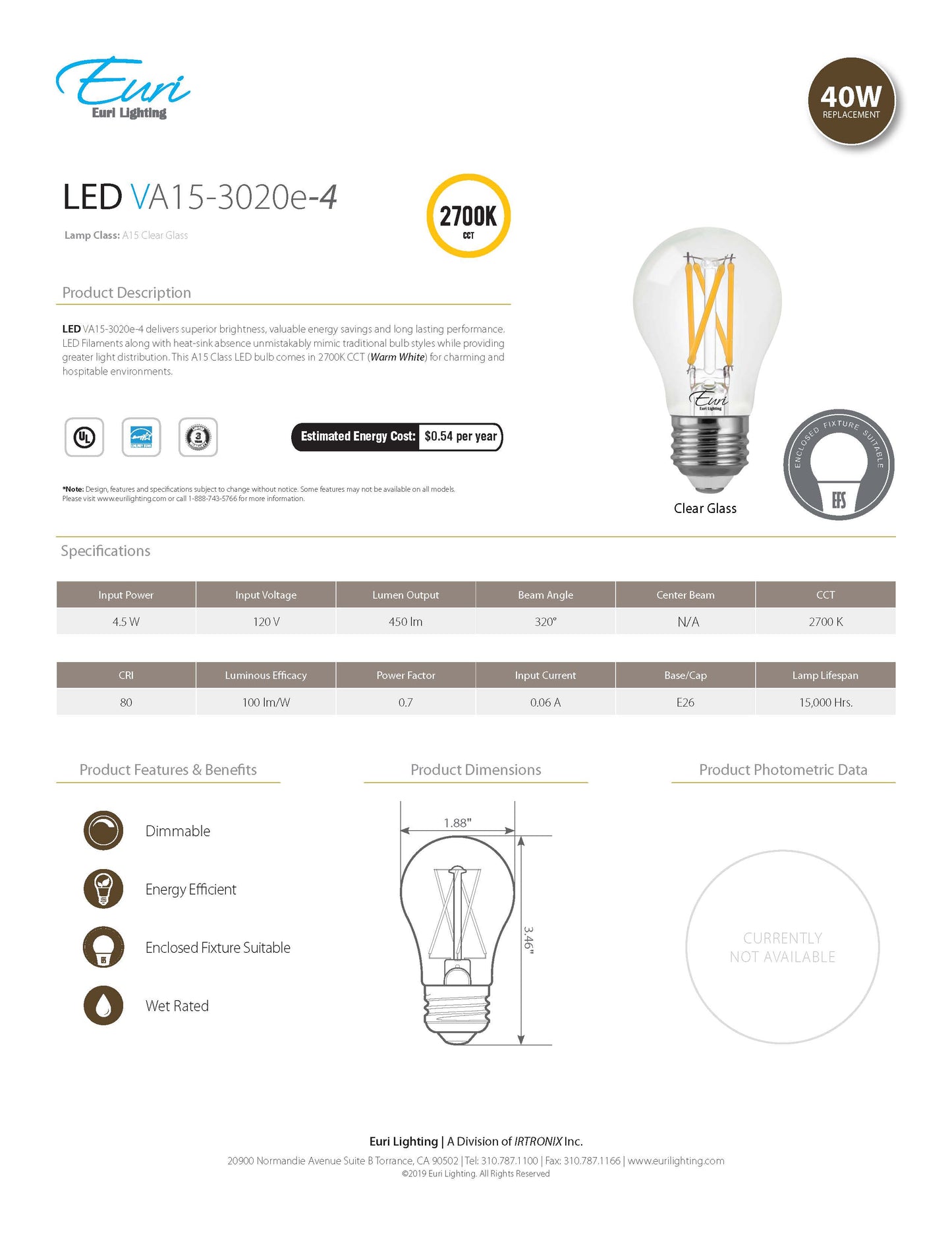 LED Filament Bulb - VA15-3020e-4