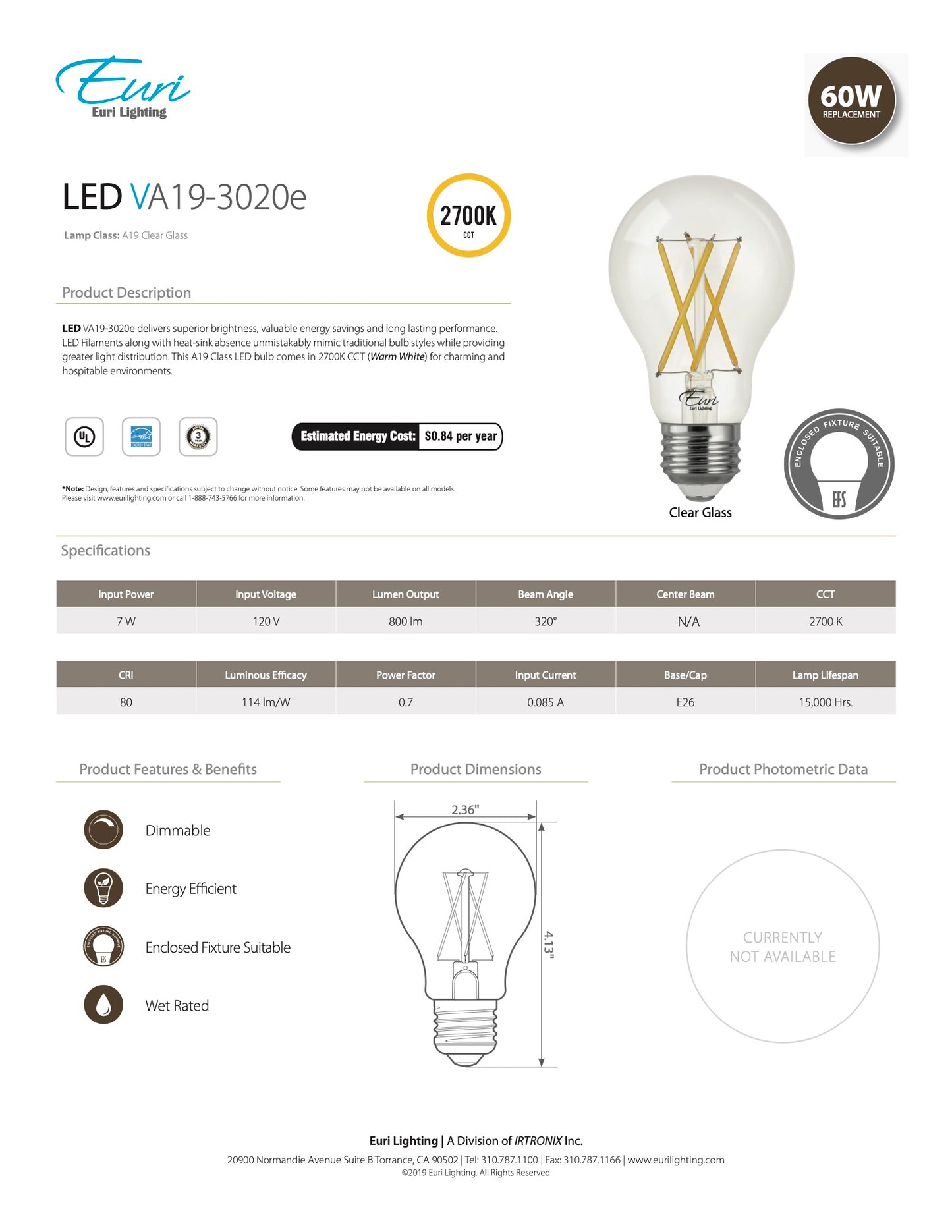 LED Filament Bulb A19 - VA19-3000cec