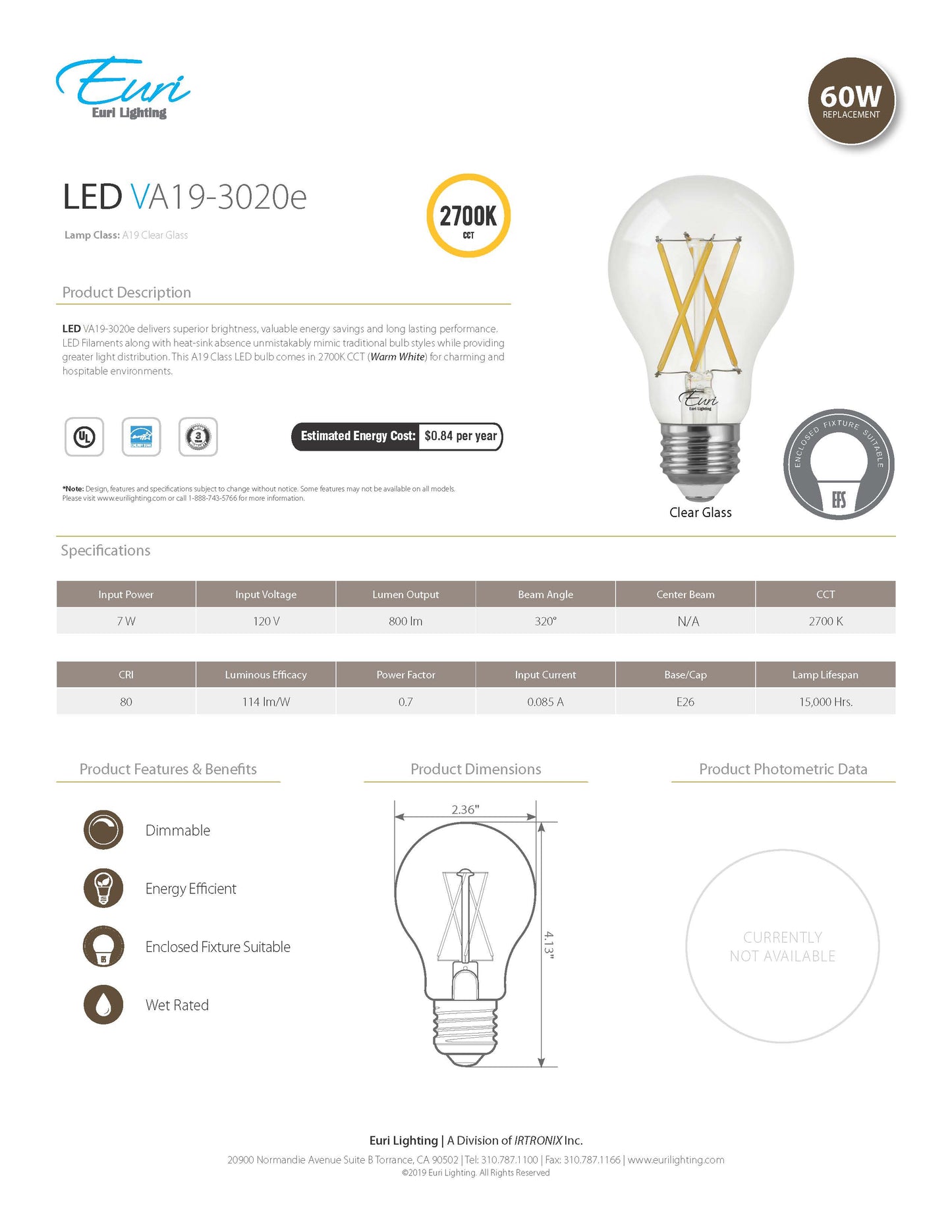 A19 LED Filament Bulb - VA19-3020e