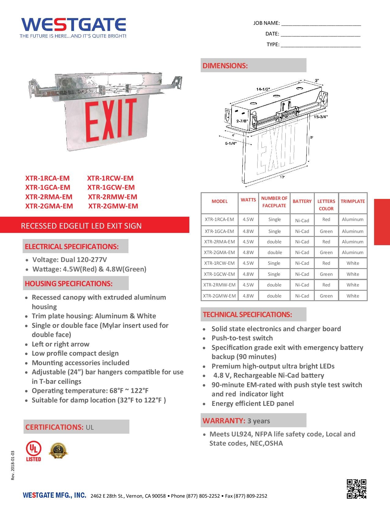 Recessed Edgelit LED Exit Sign - WESTGATE