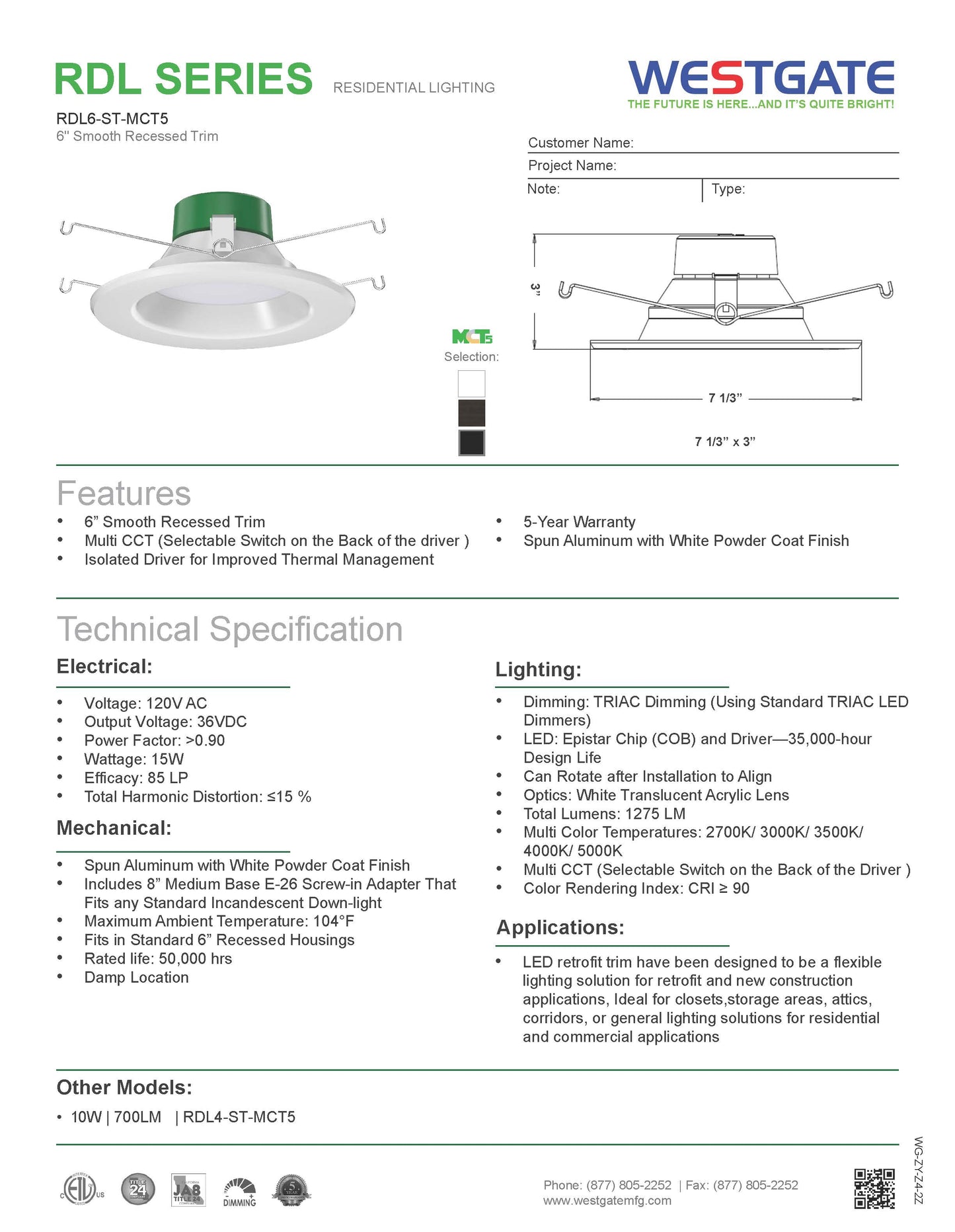 LED Multi-CCT Recessed Light with Smooth Trim, 15W