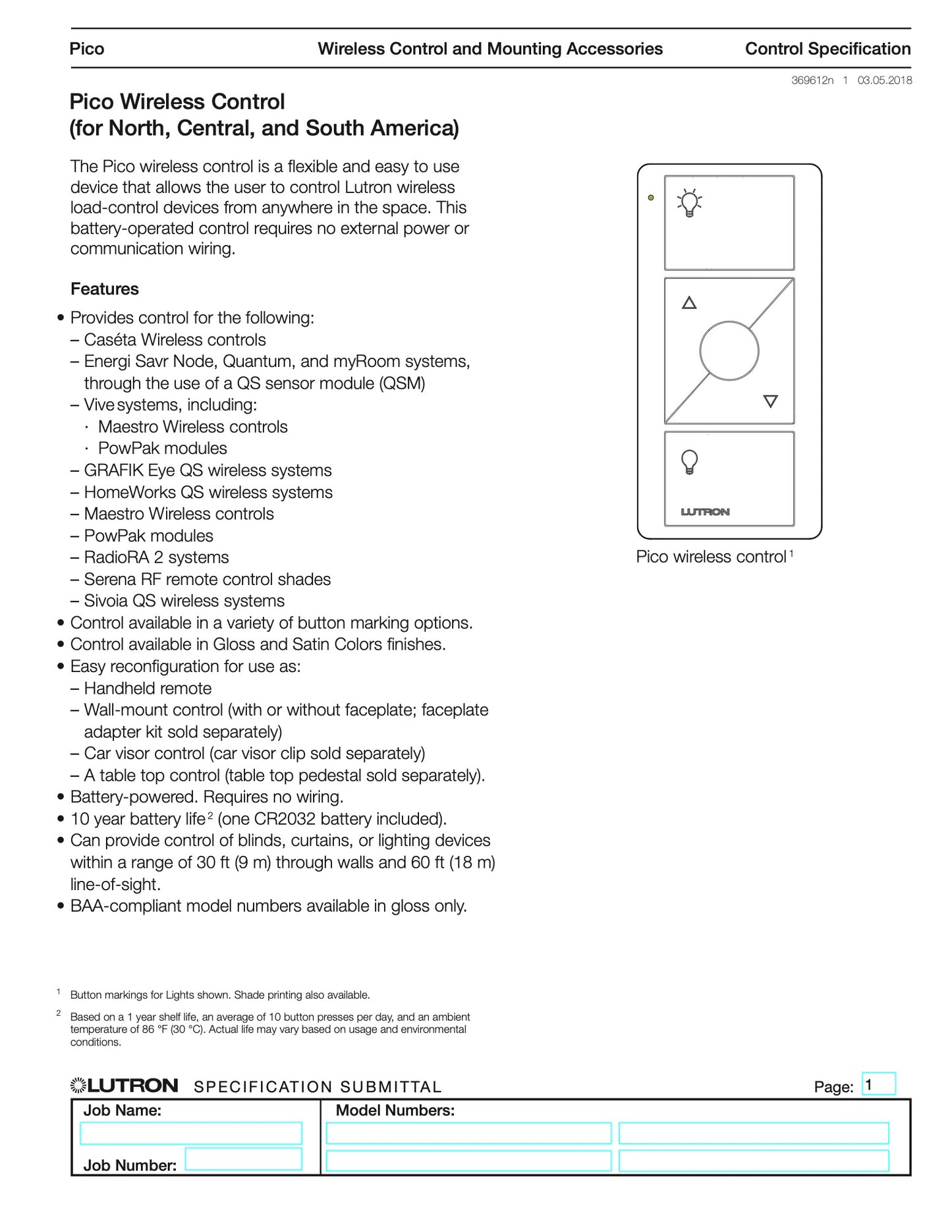 Lutron Pico Wireless Control, 3-button