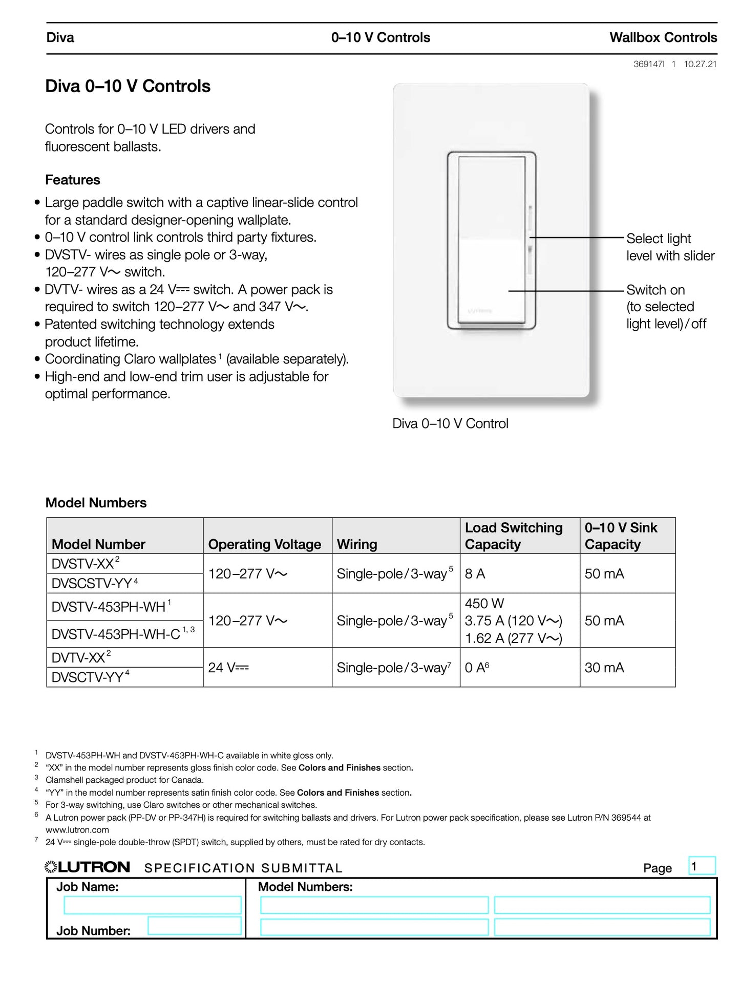 Lutron Diva LED/Fluorescent Dimmer Switch 0-10 Volt - Single Pole/3-Way