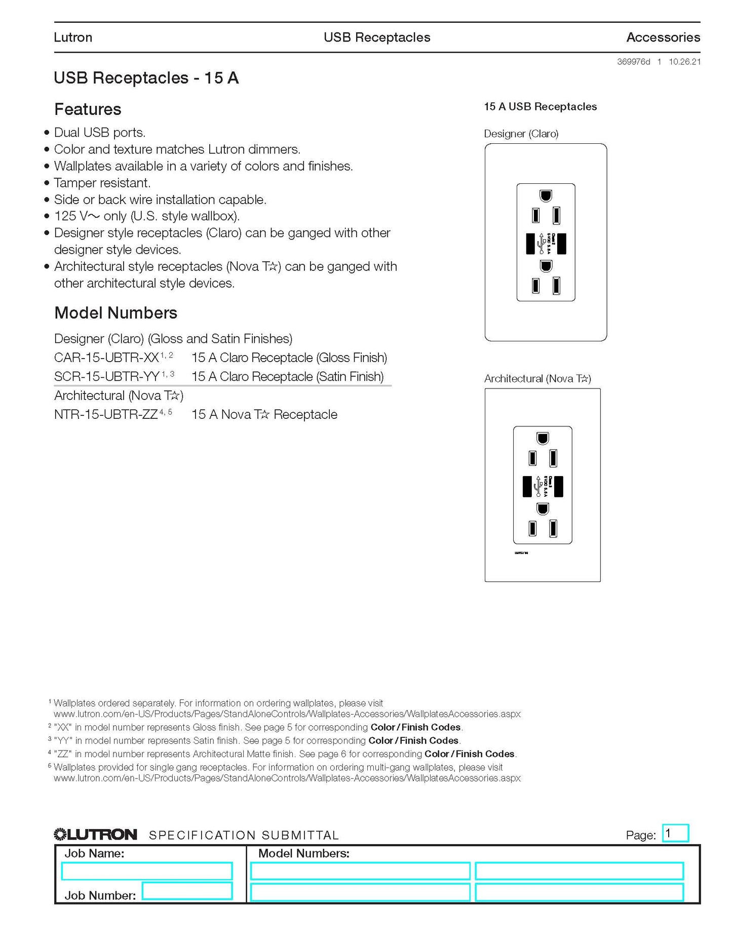 Lutron ARCH 15 A Receptacle USB TR