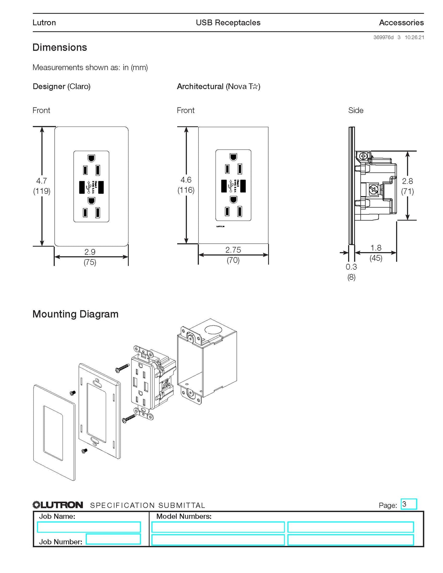 Lutron ARCH 15 A Receptacle USB TR