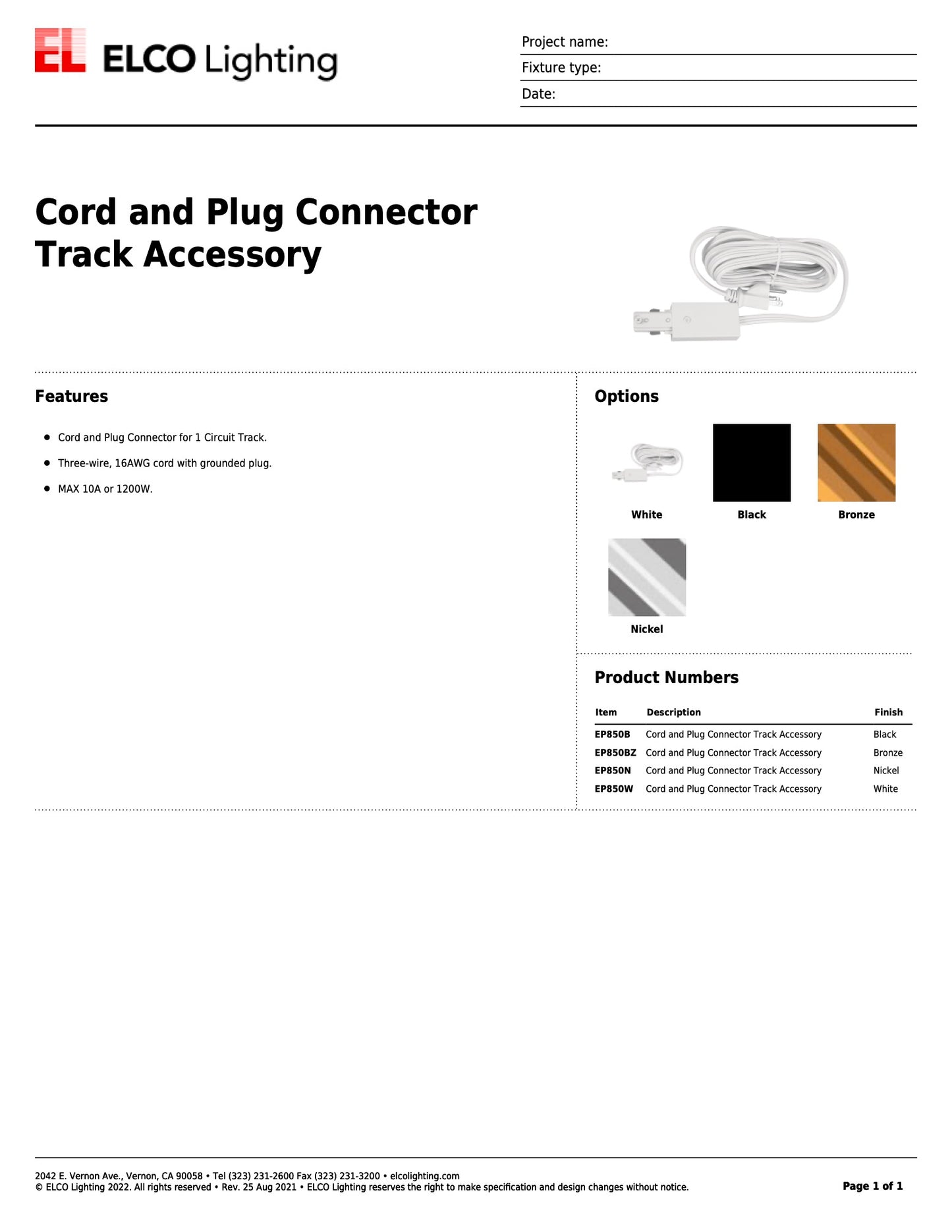 Elco Track Light Cord and Plug Connector White