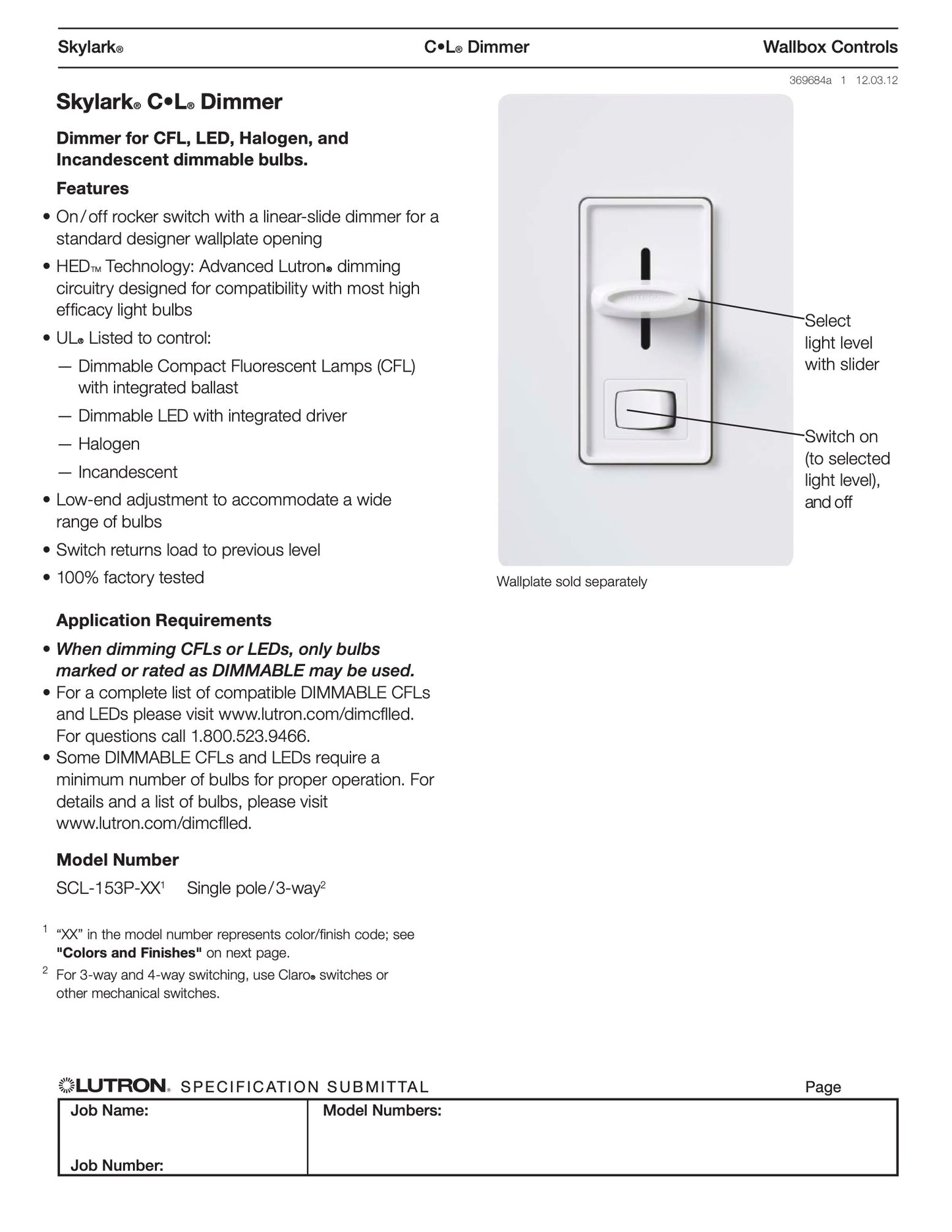 Lutron Skylark CFL/LED Dimmer White