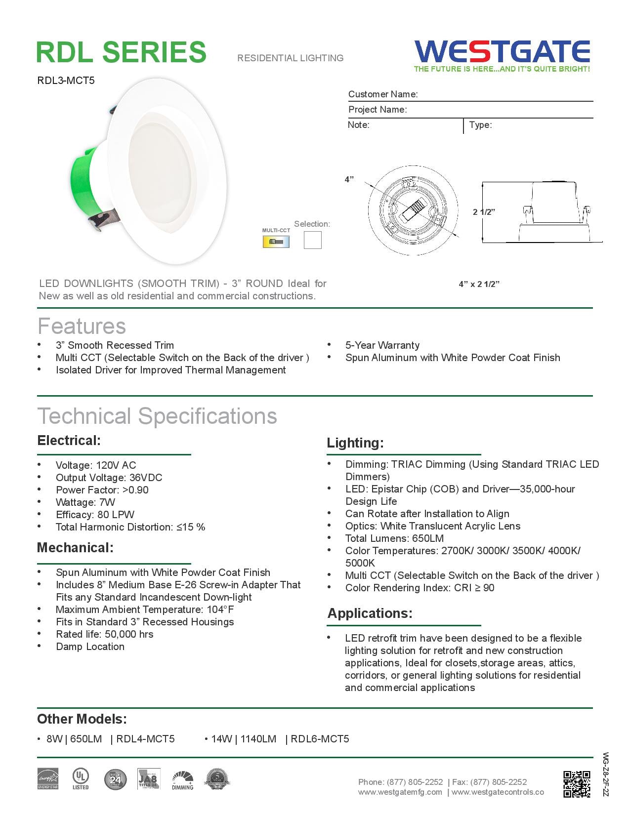 LED Multi-CCT 3" Recessed Light with Smooth Trim - Westgate
