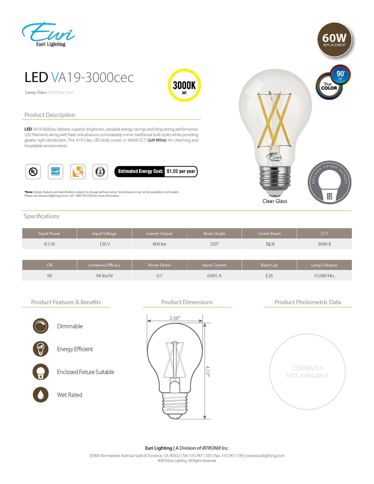 LED Filament Bulb A19 - VA19-3000cec