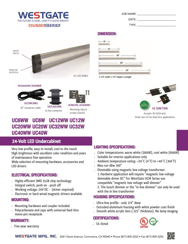 24V LED Linear underCabinet Lights - Uc32WW